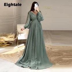 Eightale Grass Green Evening Dress for Wedding Party Customized Appliques Chiffon Beaded Long Sleeves Pleats Arabic Prom Gowns