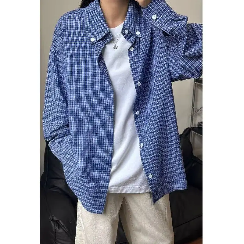 

Американская ретро-рубашка в синюю клетку свободного кроя для мужчин и женщин, модная, универсальная, для пар, повседневная, с длинным рукавом, отложным воротником, из полиэстера.