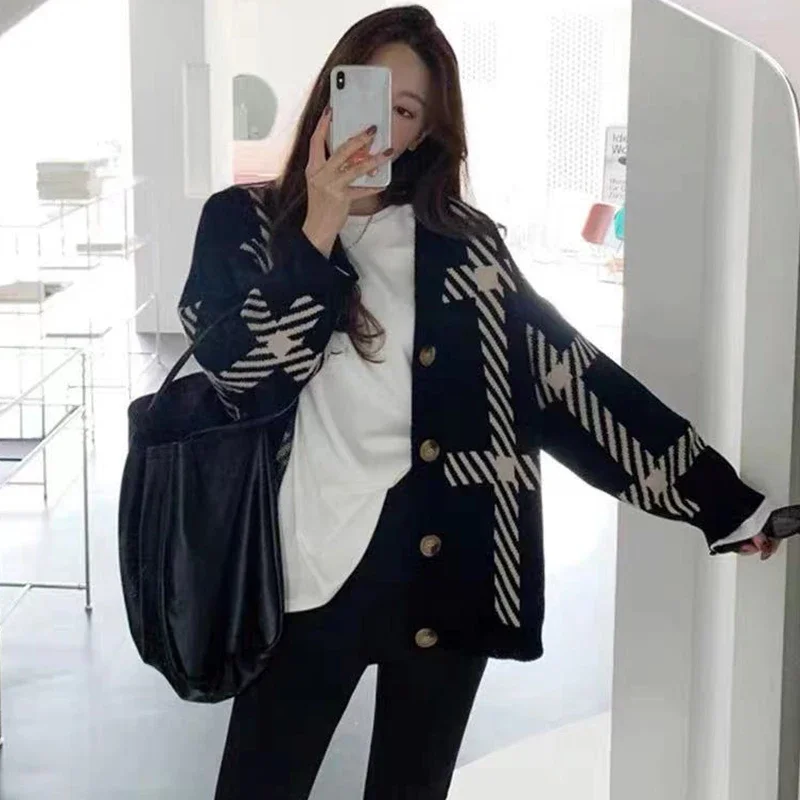 2024 Plaid Cardigan Women Black Sweater Chic Button Up Checkered Oversized Sweaters Autumn Winter Outfits Long Sleeve Tops