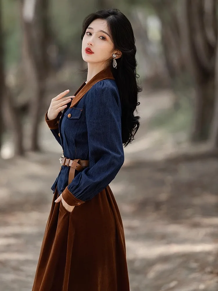 SAYTHEN New 2023 set of high-end denim shirts for autumn and winter, paired with a two-piece skirt and free belt