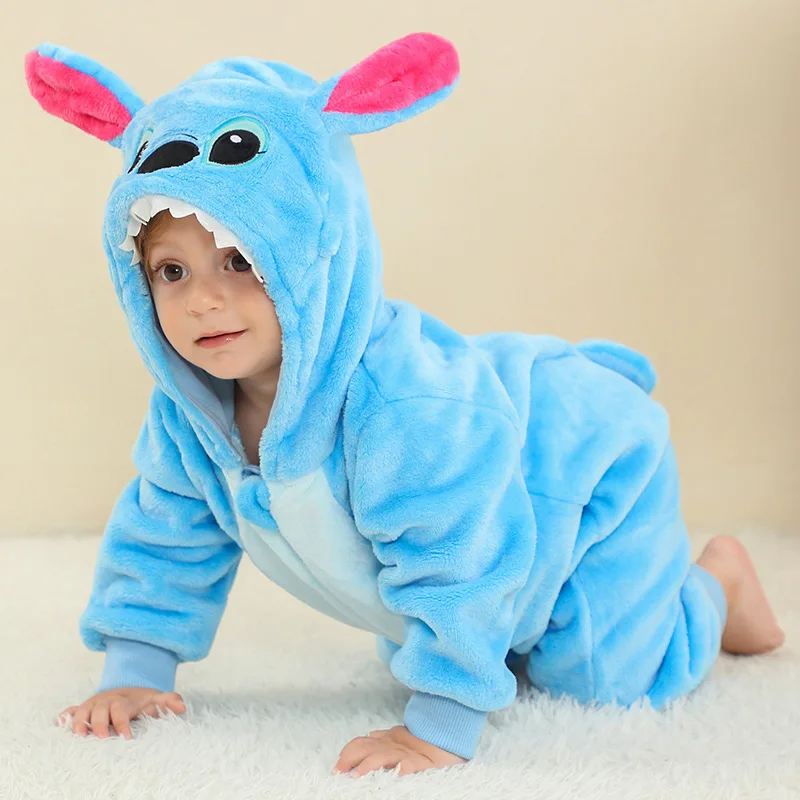 Disney Cartoon Stitch Children One-Piece Flannel Jumpsuits Crawling Suit Autumn Long Sleeve Rompers Baby Girl Outfit Set