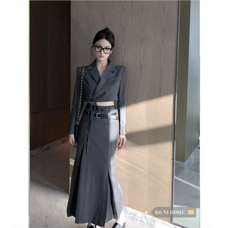 Fashionable Two-Piece Set for Women, Autumn Korean High-End Short Blazer with Tie and High-Waisted Mid-Length Skirt High Quality