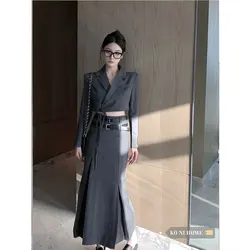 Fashionable Two-Piece Set for Women, Autumn Korean High-End Short Blazer with Tie and High-Waisted Mid-Length Skirt High Quality