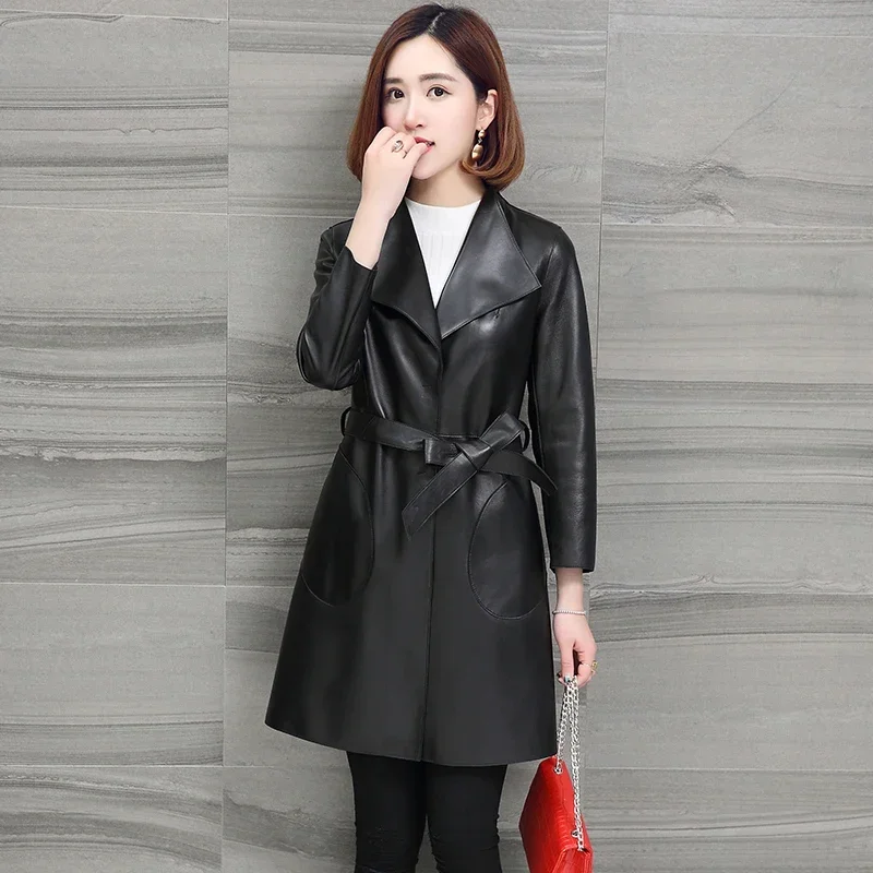 Real pele de carneiro casaco de couro feminino meados de comprimento genuíno jaqueta de couro feminino coreano moda trench coats fino outwear chaquetas