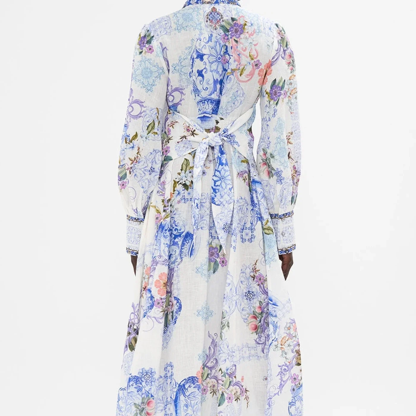 2024 New Blue and White Porcelain Floral Print Long Sleeve High Quality Midi Dress for Women