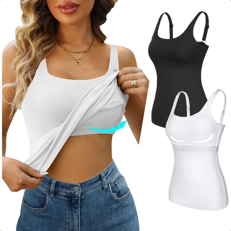 

V FOR CITY Tank Top for Women with Shelf Bra Cotton Adjustable Wide Strap Camisole Basic Cami Shirts 2 Pack