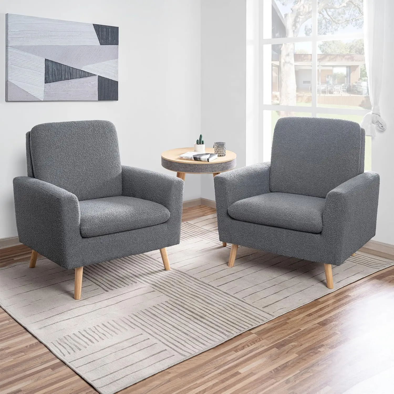 Fauteuil moderne Frida du milieu du siècle, chaise d'appoint en polaire gris avec pieds en chêne, cadre en bois durable pour le salon ou la chambre à coucher