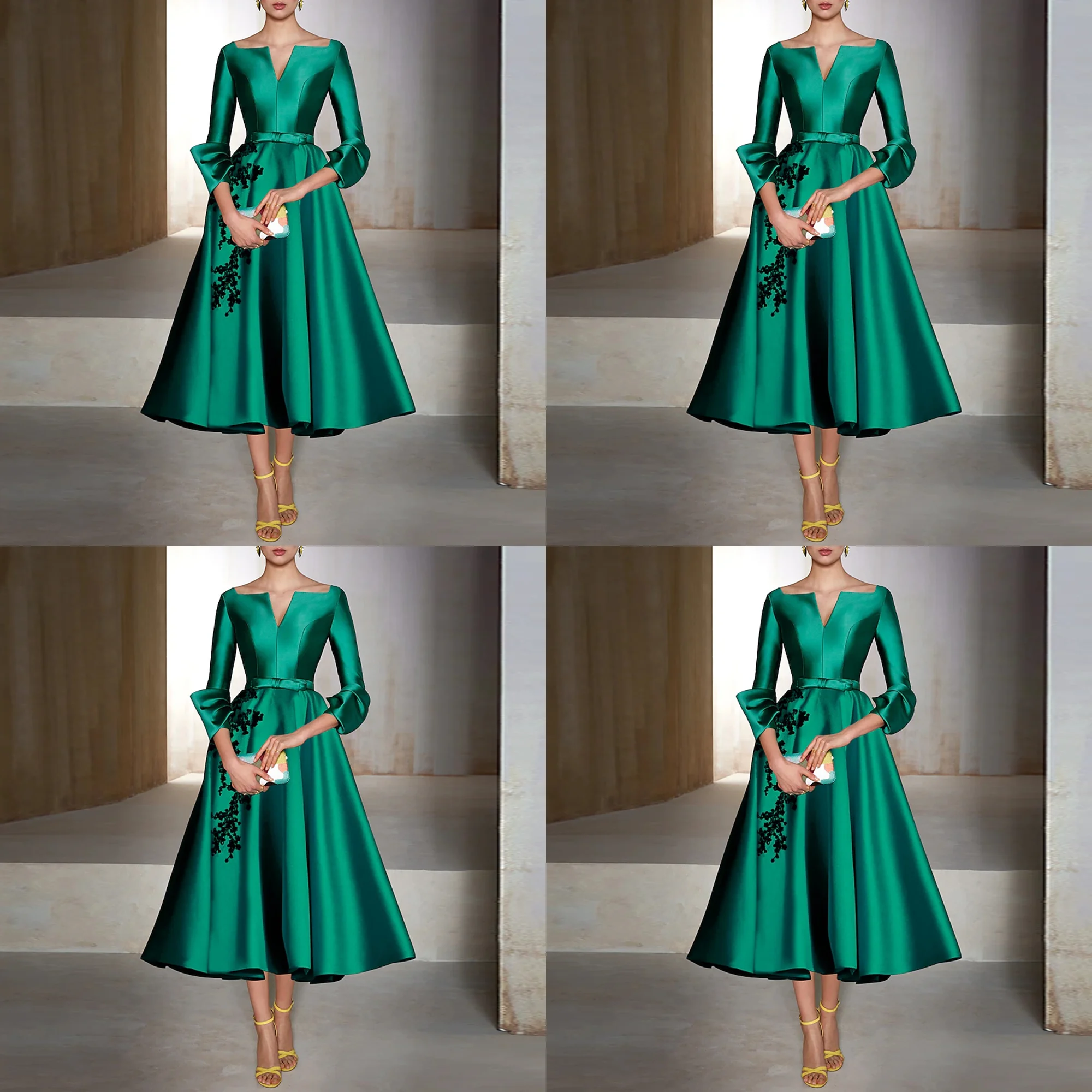 

Customized Stunning 3/4 Sleeve Satin Pleated Mother of Brides Dress A-line Tea-Length Evening Gown with Appliques Lace Dress