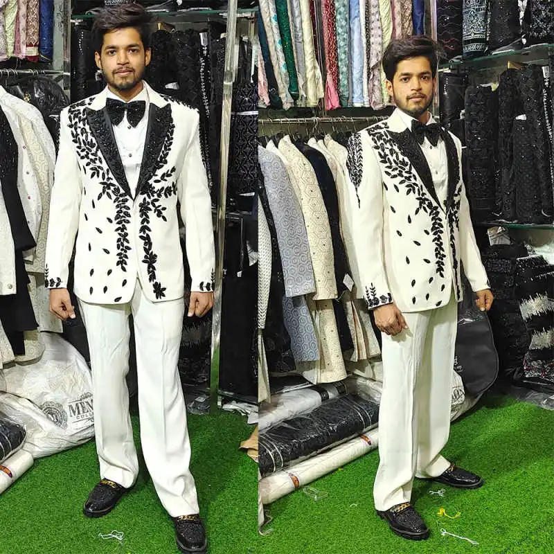 Bonito homem smoking 2 peças apliques pretos baile de formatura festa de casamento noivo usar fotografia de aniversário personalizado