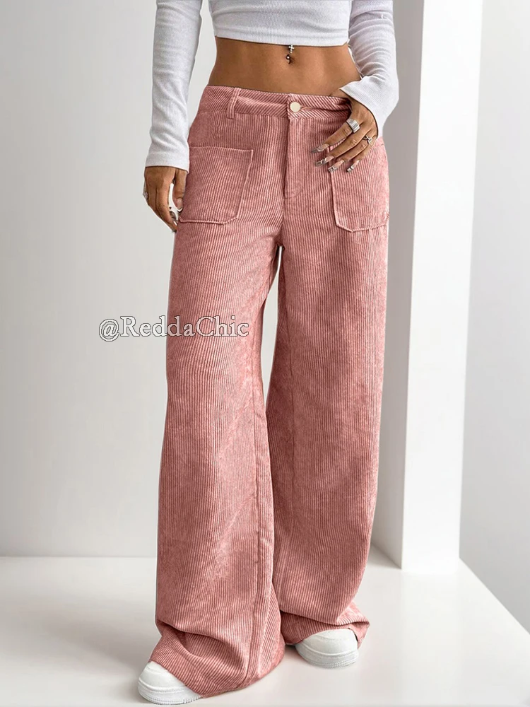 REDDACHiC Winter Corduroy Pink Pants for Women Minimalist Plain High Waist Straight Wide Leg Long Trousers Leisure Daily Wear