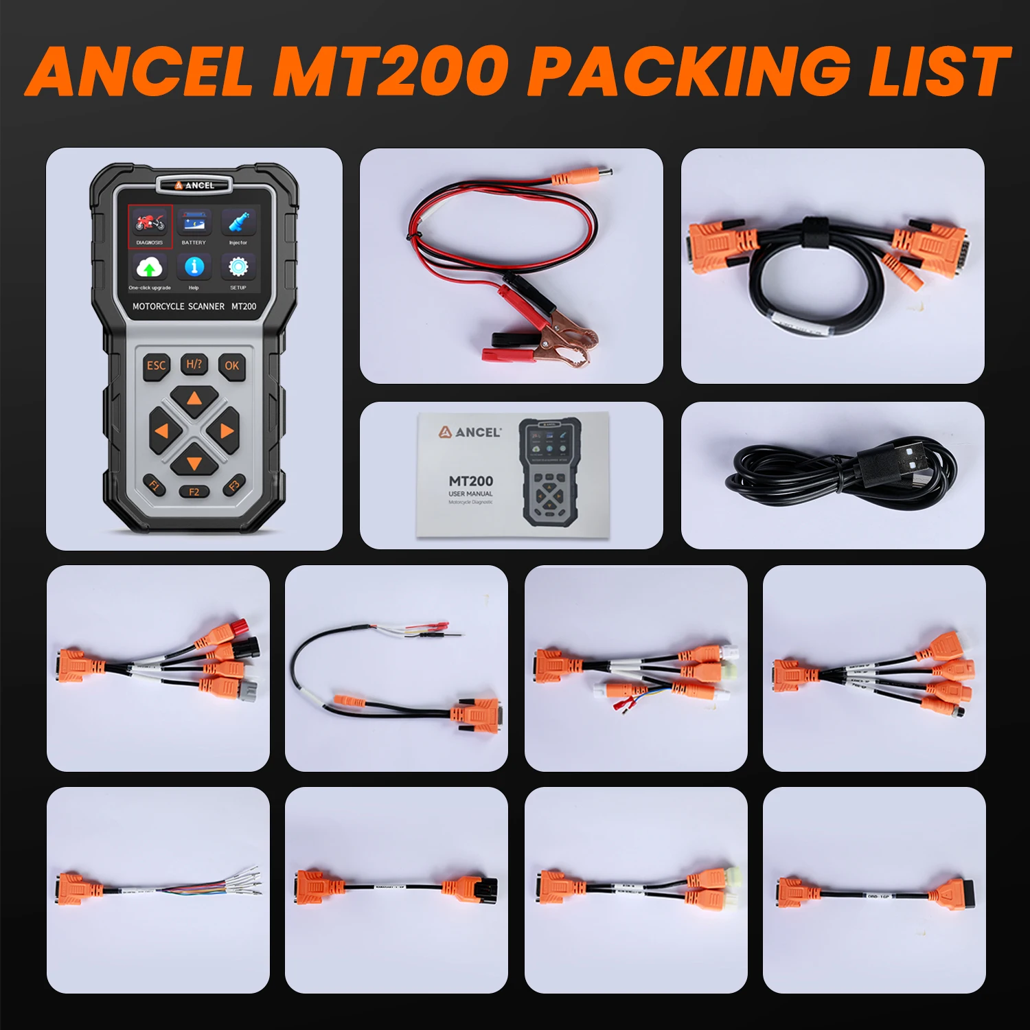 ANCEL MT200 المحمولة دراجة نارية أداة تشخيصية ذكية CO Trimme حاقن الوقود اختبار تعديل سرعة الخمول دراجة نارية الماسح الضوئي
