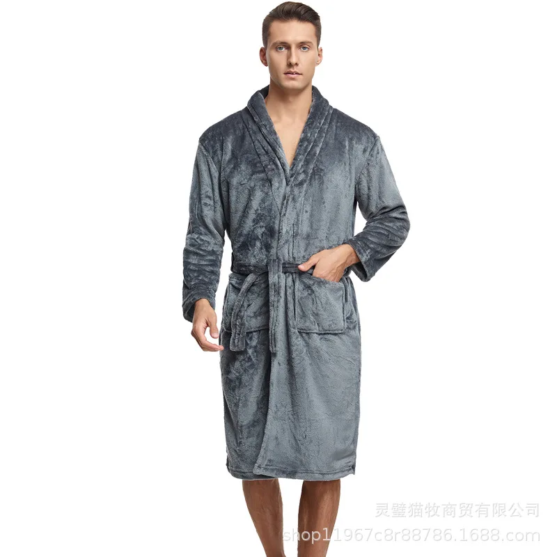 nightgown men and women autumn and winter coral fleece bathrobe pajamas autumn and winter loungewear yukata cross-border