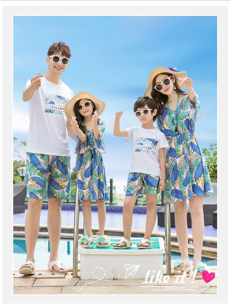 Family Matching Outfits Summer Island Beach Wear Clothes Men Kids Cotton Short Sleeves T shirt Pants Women Girls Dress SA1385