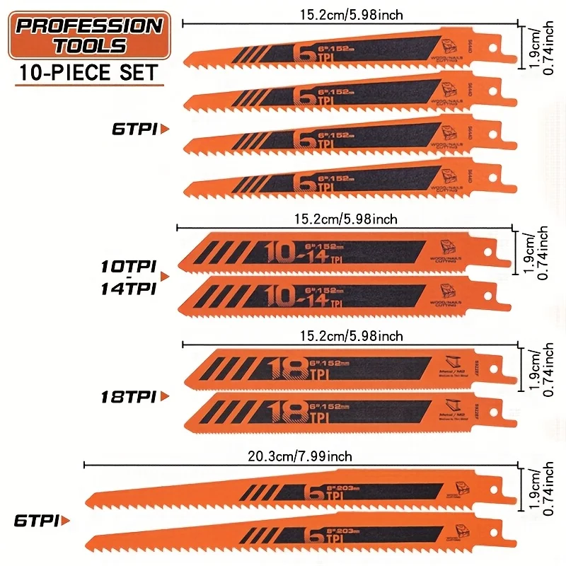 ‌10-Pc Sabre Saw Blade Set - High Efficiency Cutting for Wood, Plastic, Aluminum & Thin Metal‌