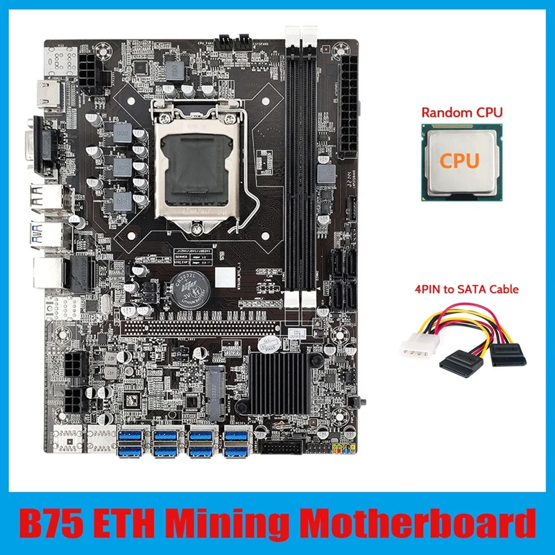 B75 ETH Mining Motherboard 8XPCIE USB Adapter+CPU+4PIN To SATA Cable LGA1155 MSATA DDR3 B75 USB BTC Miner Motherboard