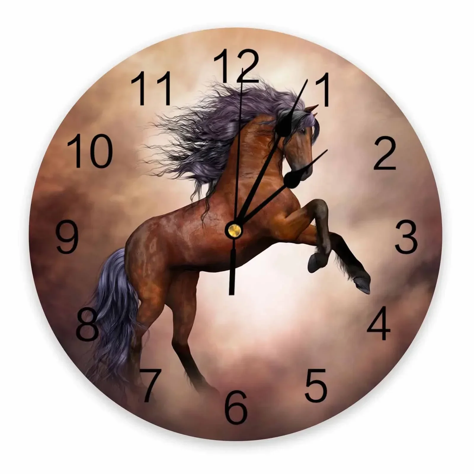 Running Galloping Horse Brown Animal Decorative Round Wall Clock Custom Design Non Ticking Silent Bedrooms Large Wall Clock