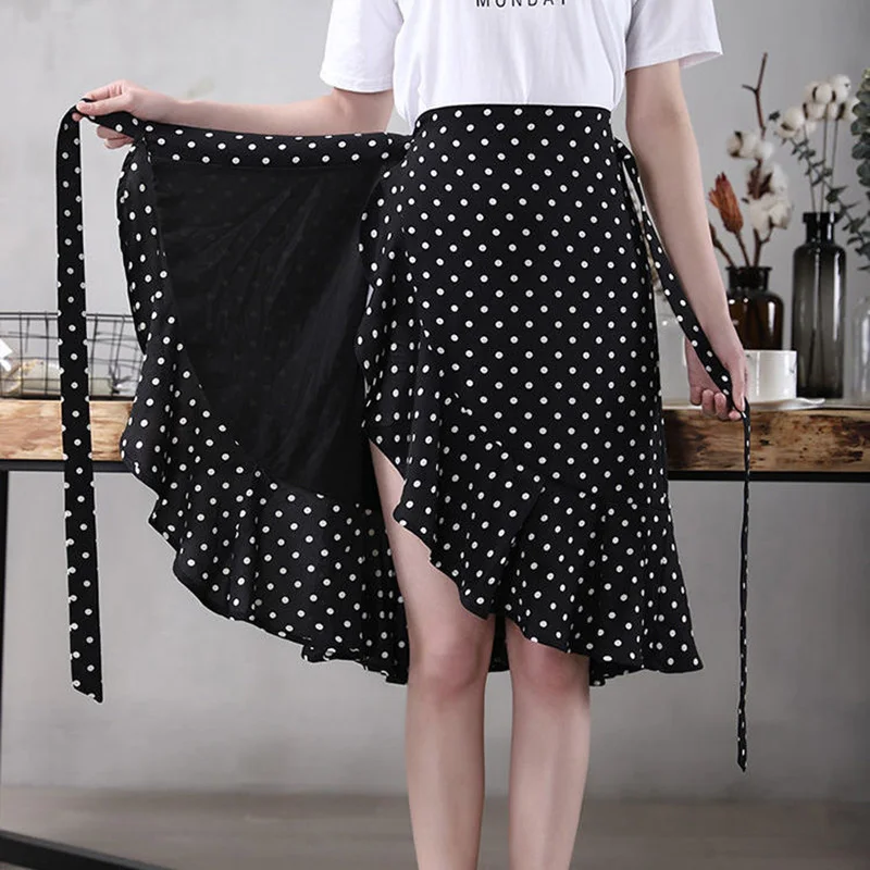 Elegant Ruffles Bandage Polka Dot Printed Mermaid Skirt 2022 Spring New Korean Fashion High Waist All-match Chiffon Midi Skirt