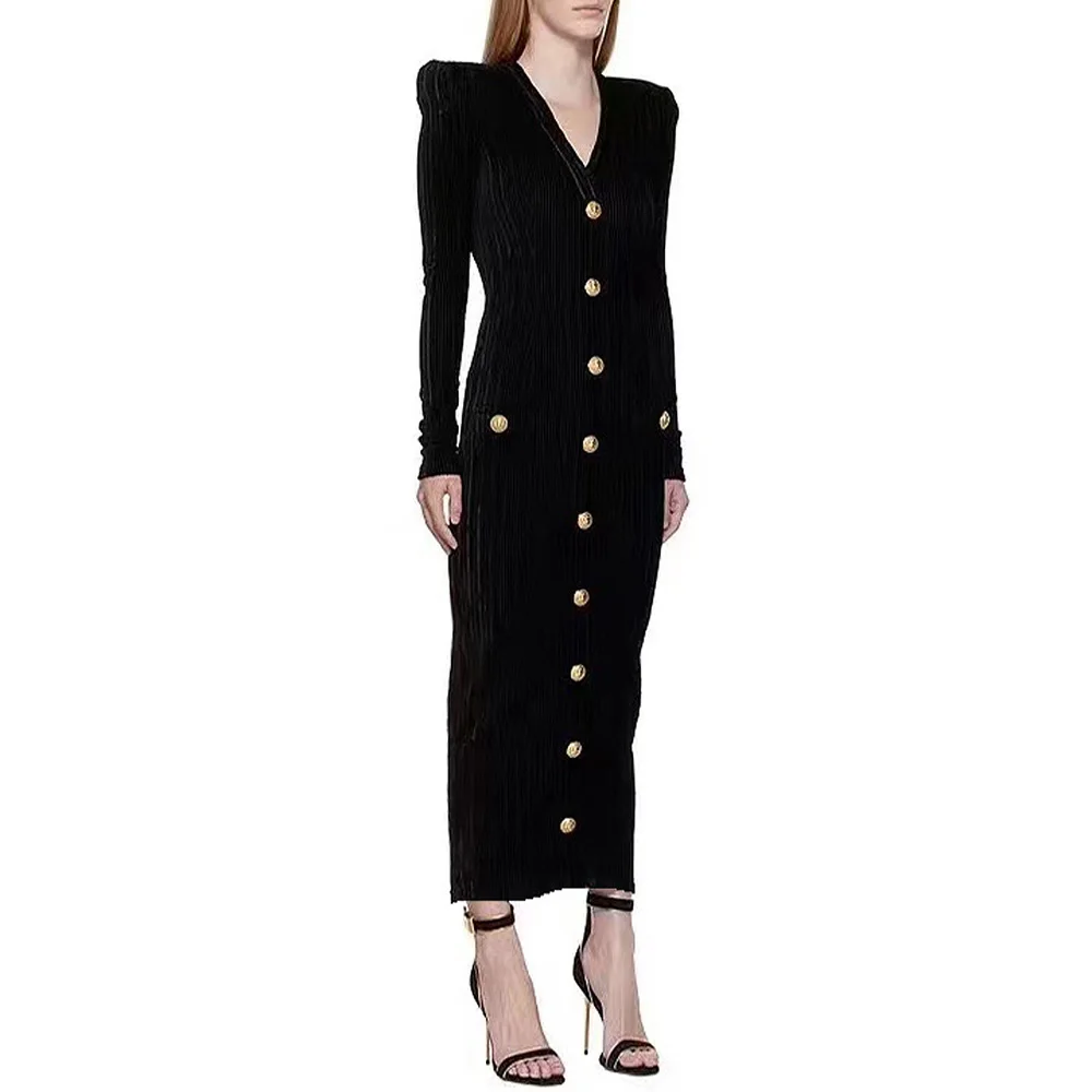 New Fashion Temperament Socialite Style Velvet Long Sleeve Slim V-neck Button Dress Back Zipper Skirt