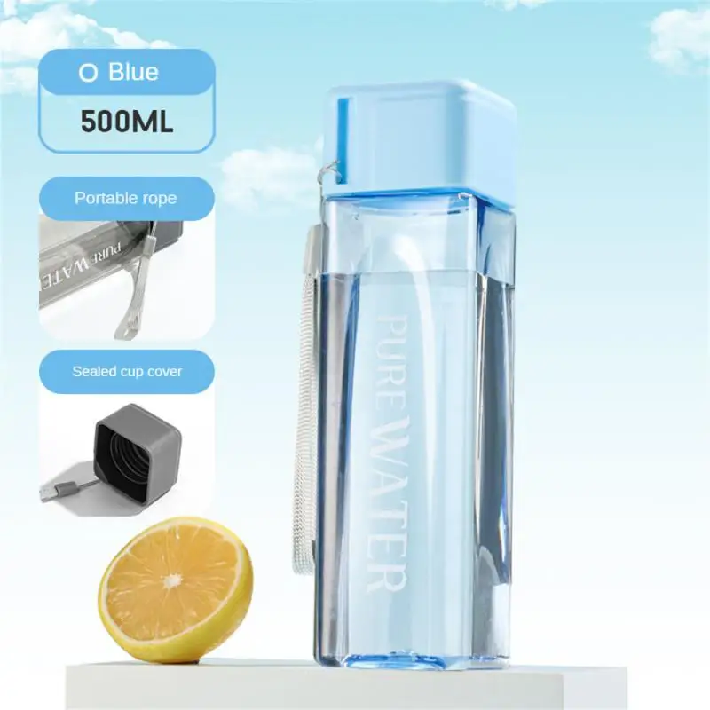 500ml transparent square plastic matte water cup outdoor cold fruit juice water sports cup with portable milk rope water bottle