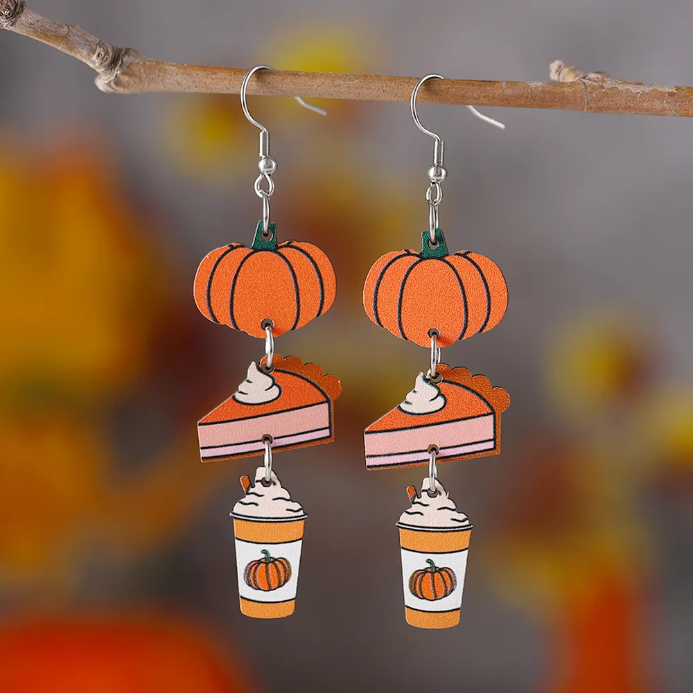 New Thanksgiving Pumpkin Maple Leaf Cute Dwarf Elderly Pendant Earrings Autumn Harvest Cup Pendant Thanksgiving Wooden Earrings