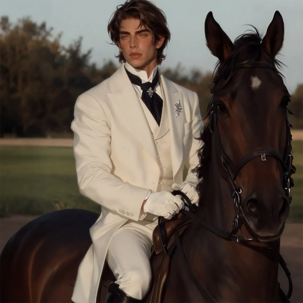 Timeless Men White Long Tailcoat Suit Single Breasted Jacket Vest Pants Equestrian Outdoor Luxury Wedding Groom Elegant Outfit