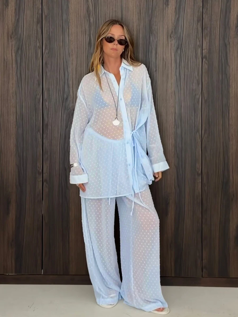 Bornladies Women's Two-piece Set 2026 New Series Polka Dot Design Top and Pants Set Suitable for Summer Beach Vacation Wear