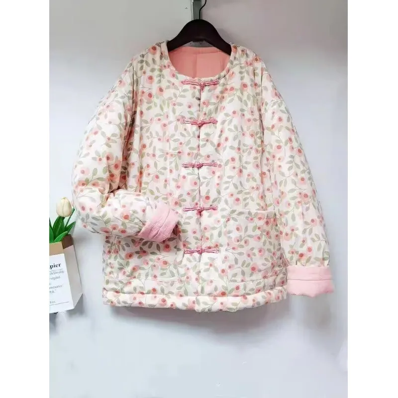 

Thickened Cotton Jacket Women's Winter Warm Coat Button Design Floral Pattern Cotton Padded Outerwear Stylish Commute Style