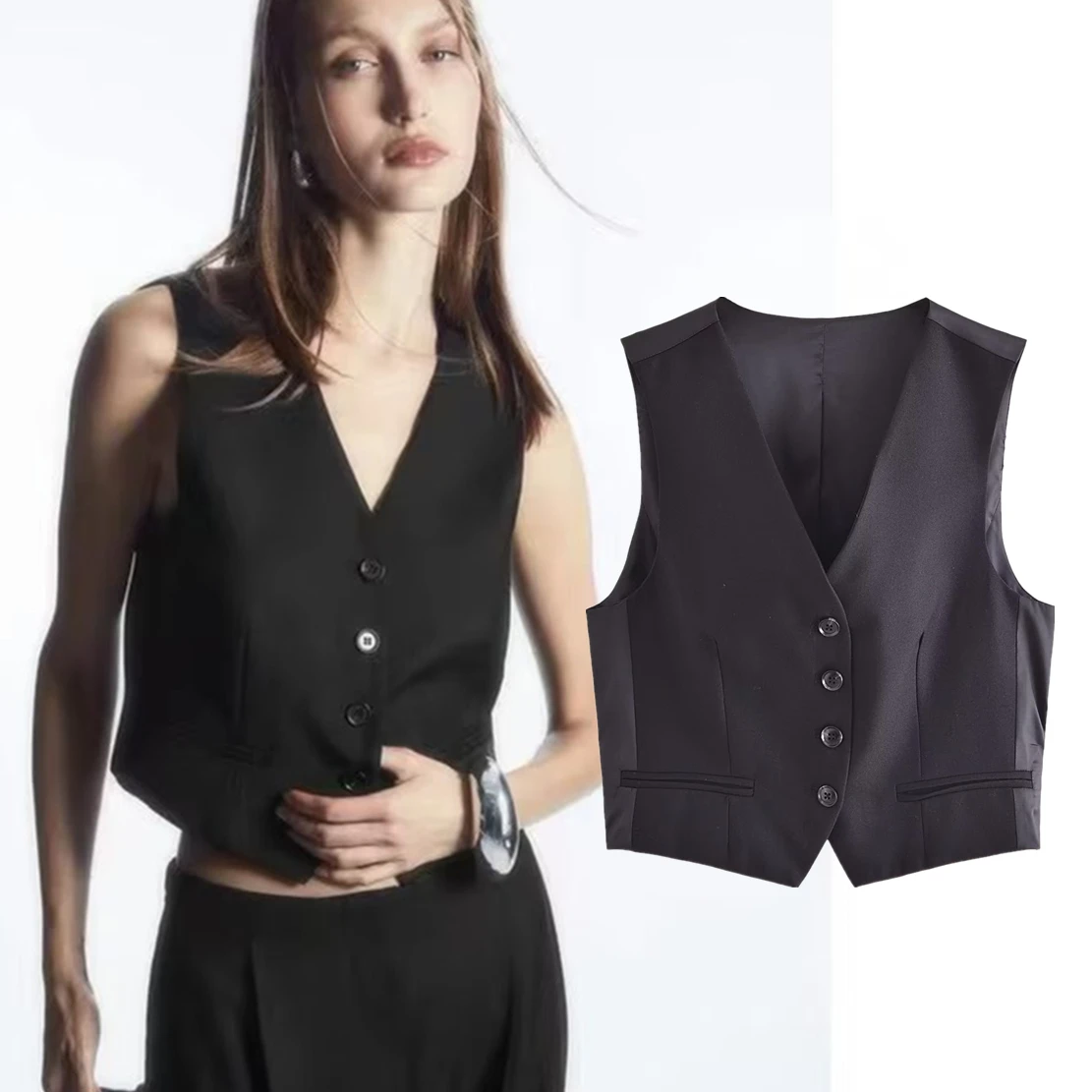 

Dave&Di British Fashion Black V-neck Single Breasted Vest Elegant Short Patchwork Top For Women