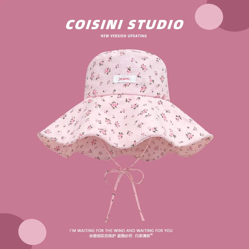 Summer Fresh Floral Patch Big Brim Bucket Hats for Women Travel Sunscreen Versatile Show Face Small Fashion Streamer Sun Hat
