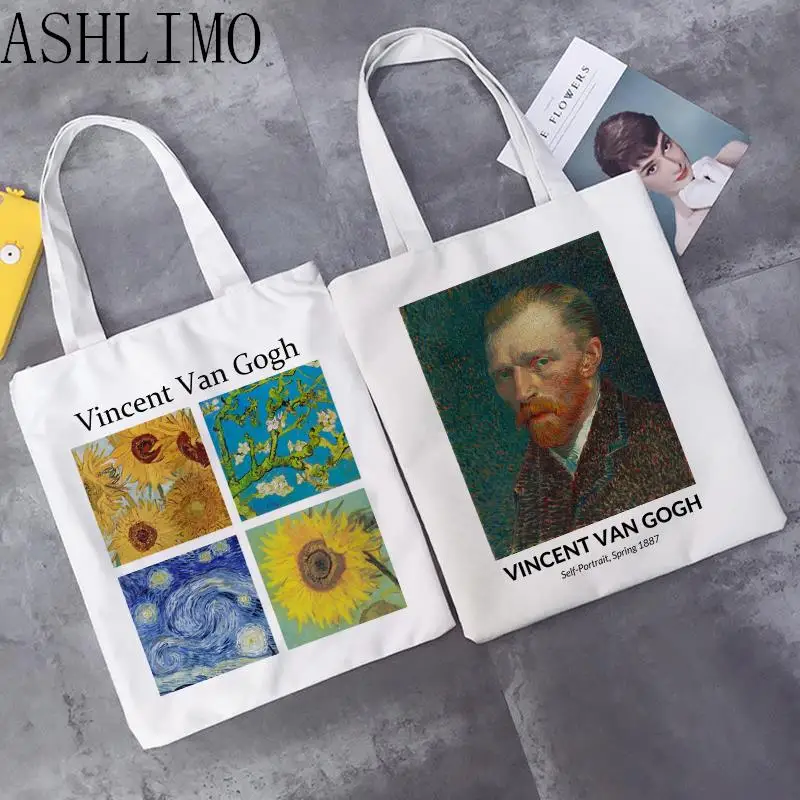 Bolso de lona con estampado de pintura al óleo de Van Gogh para mujer, bolsa Kawaii Harajuku para compras, bolso de mano para chica