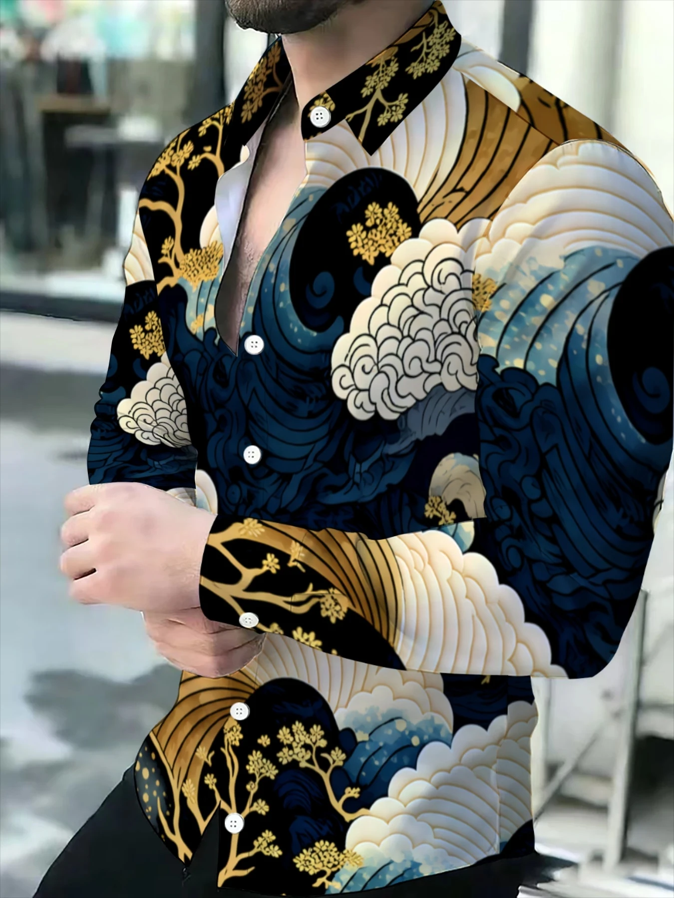 Men Long Sleeve Button Down Shirt Japanese Ukiyo‑e Wave Pine Plum Print Polyester Lapel Collar Casual