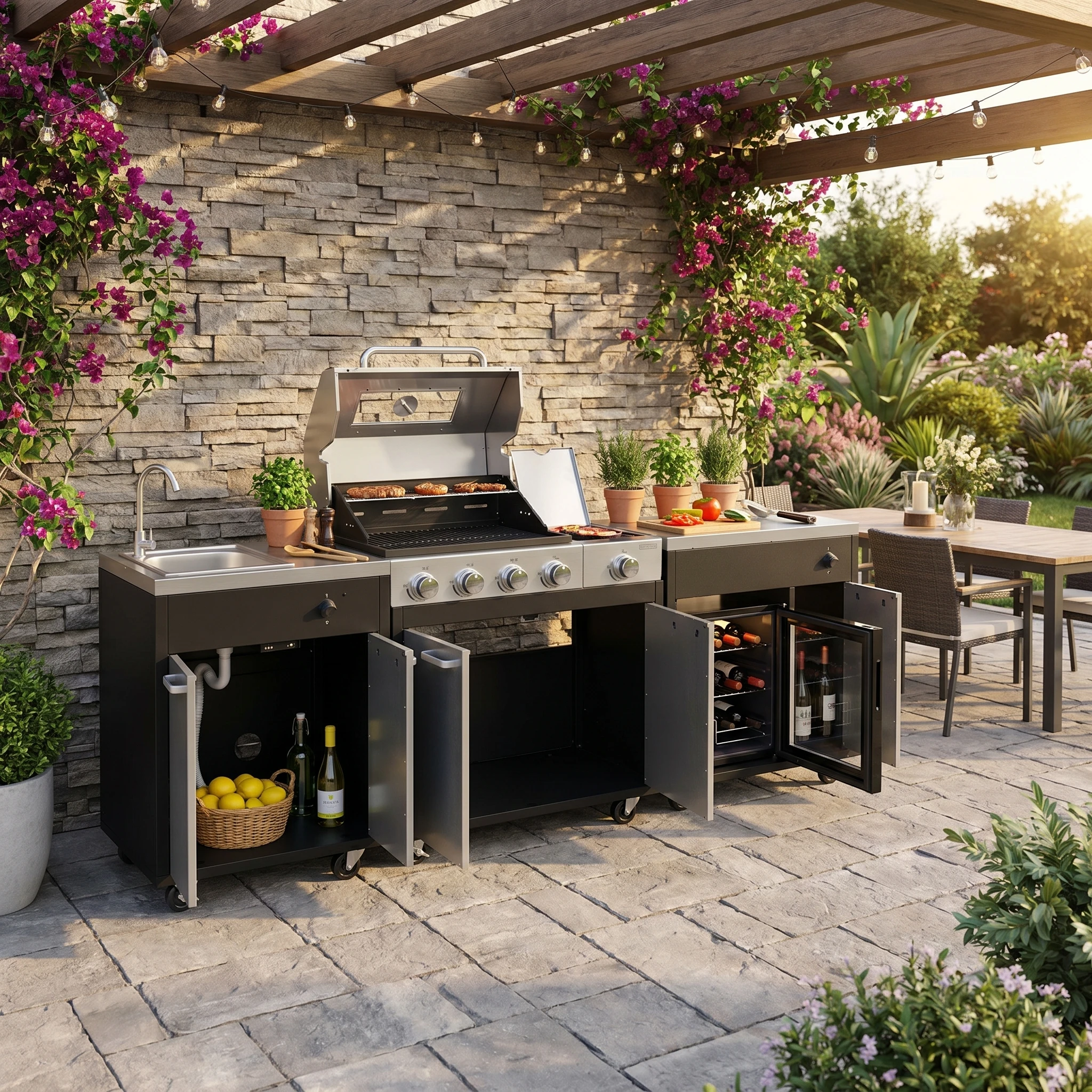 2026 New Customized Modern Modular Outdoor Commercial Kitchen Cabinet BBQ Island Module Freestanding Gas BBQ Grill Cabinet