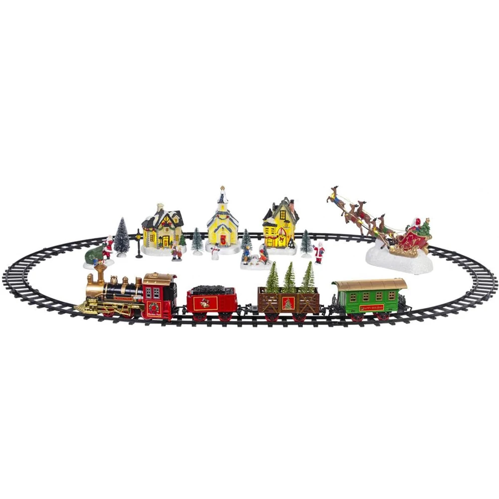 Christmas Village Decoration Train Set,Christmas Tree Ornaments Choo Choo Train Locmotive Engine Cargo Cars  Animated Toy Gifts