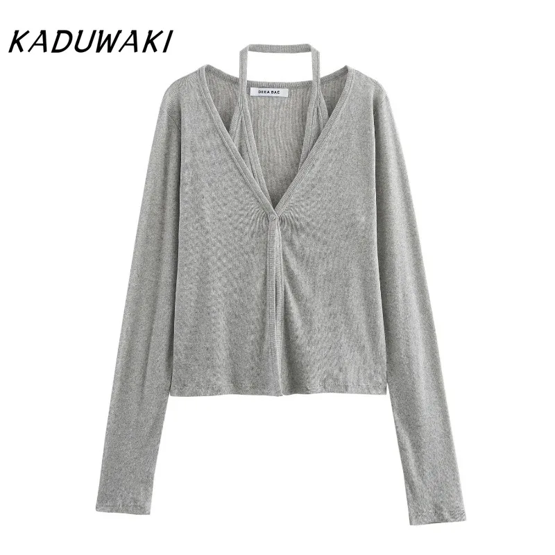 

KADUWAKI Spring New Women's Clothing Sweet Fashion Fake Two Piece V-neck Long Sleeved Hanging Neck Knitted Cardigan Top Blusas