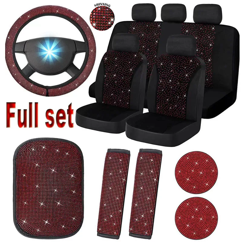 15PCS Universal Pink Red White Rhinestone Car Steering Wheel Covers For Women Bling Crystal Diamond Car Interior Deco Accessorie