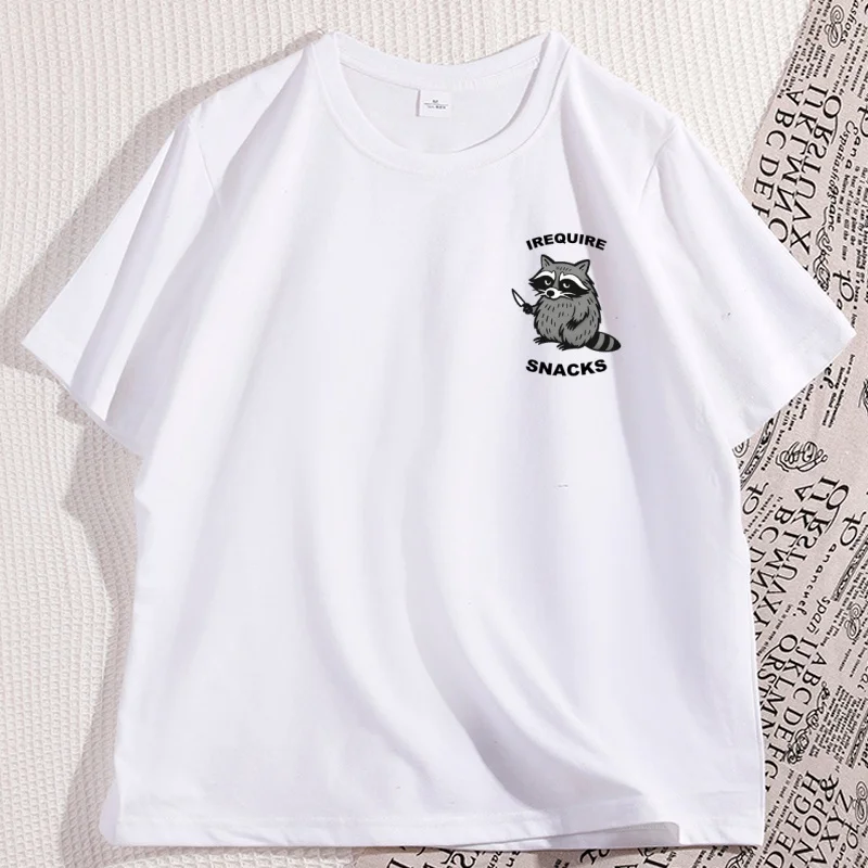 

I Require Snacks T-Shirt Men Women Raccoon T-Shirt Feral Snack Tee Animal Lover Tshirt Casual Cotton Short Sleeve Round Neck Tee
