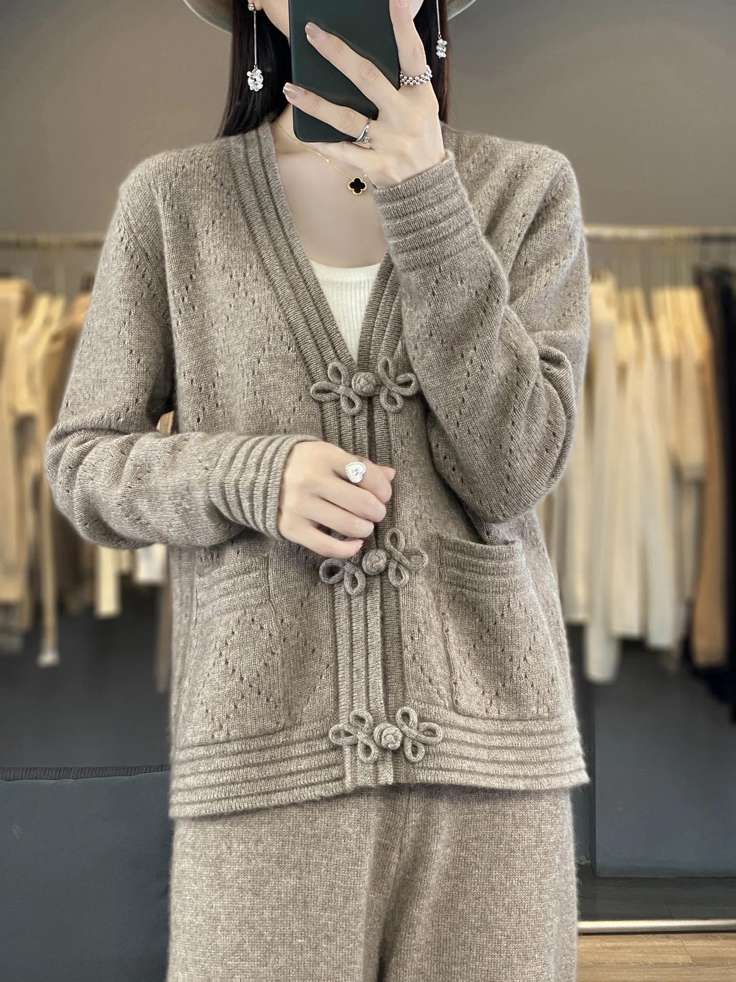 Women Autumn Winter 100% Merino Wool Cardigan V Neck Hollow Knit Chinese Frog Buttons Pocket Design Long Sleeve Knit Outerwear