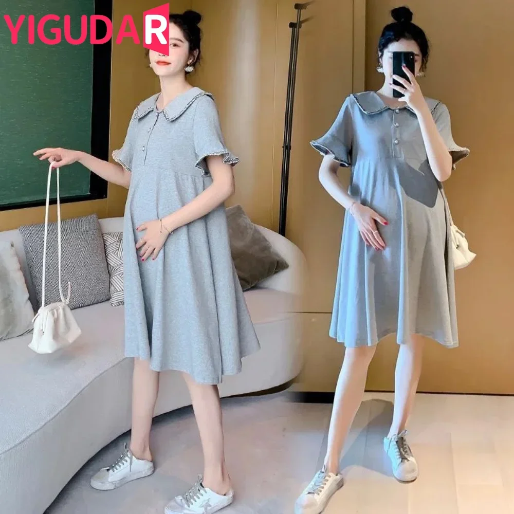 

2025 Summer Fashion Pleated Chiffon Maternity Dress Loose Straight Casual Clothes for Pregnant Women Sweet Pregnancy vestidos
