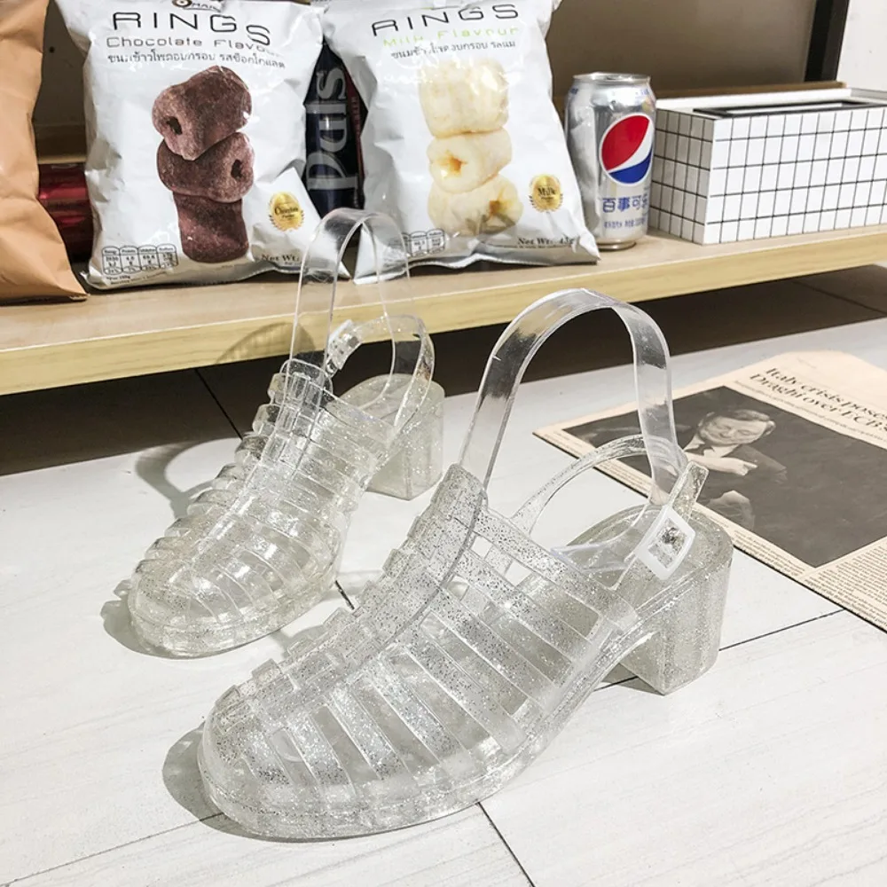 

Korean Jelly Women's Sandals Summer Students Transparent Crystal Plastic High Heels Roman Anti Slip Baotou Beach Hole Shoe Women