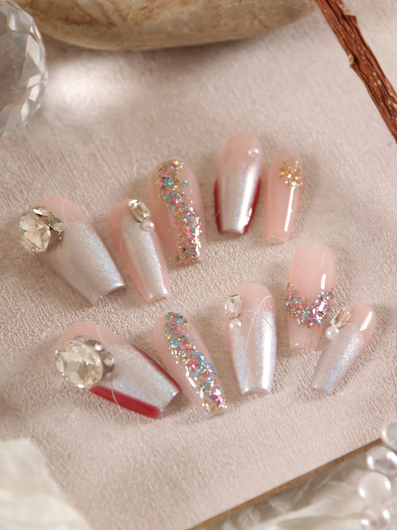 10Pcs Press on Nails Short Pink Silvery Flash Diamond Press on Fake Nails Includes 1 Sheet of Adhesive Tabs & 1 Pc Mini File