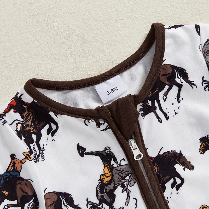 Cowboystijl voor baby's met korte mouwen en ronde halslijn met een schattige paardenprint - Westernbabyromper voor pasgeborenen