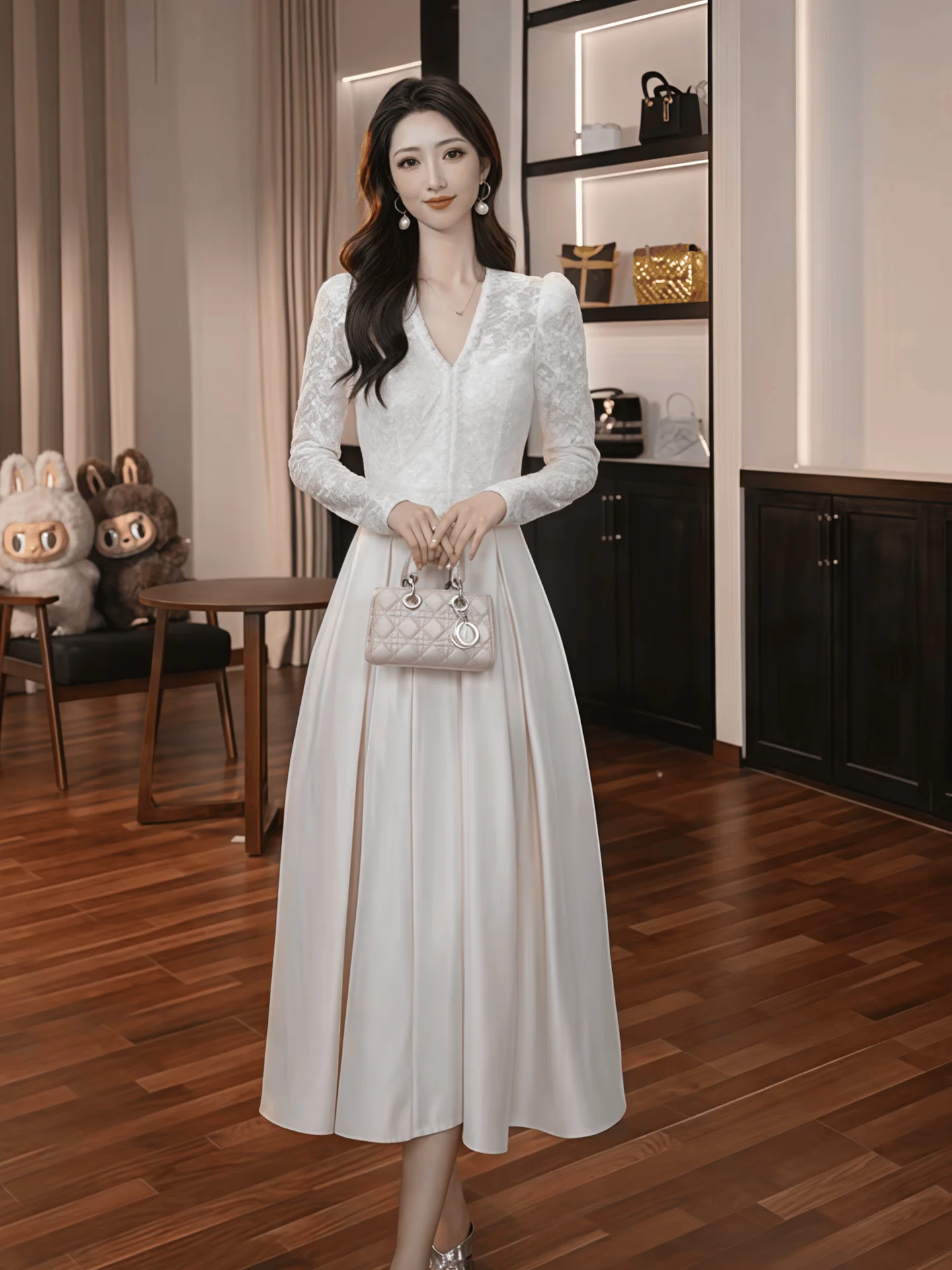 

Elegant White Long Sleeve Dress Spring New Style Women's Fashionable Ball Gown Simple Design High End Luxury Midi Dress