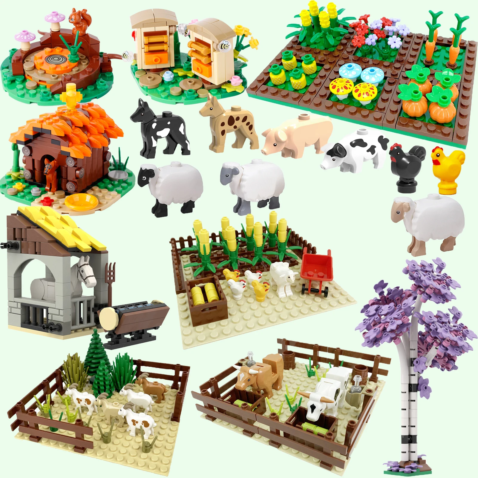 MOC Farm Building blocks Cattle Horse Carriage Transport Vegetable Garden Flower Plant Friut Field Tree Animal Bricks Model Toys