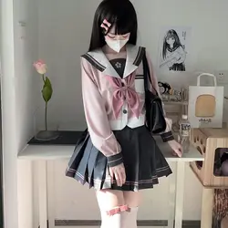 Fato japonês de saia curta para meninas, roupa de marinheiro, laço dourado, manga comprida, gola azul marinho, estilo colegial, kawaii, rosa e cinza, JK