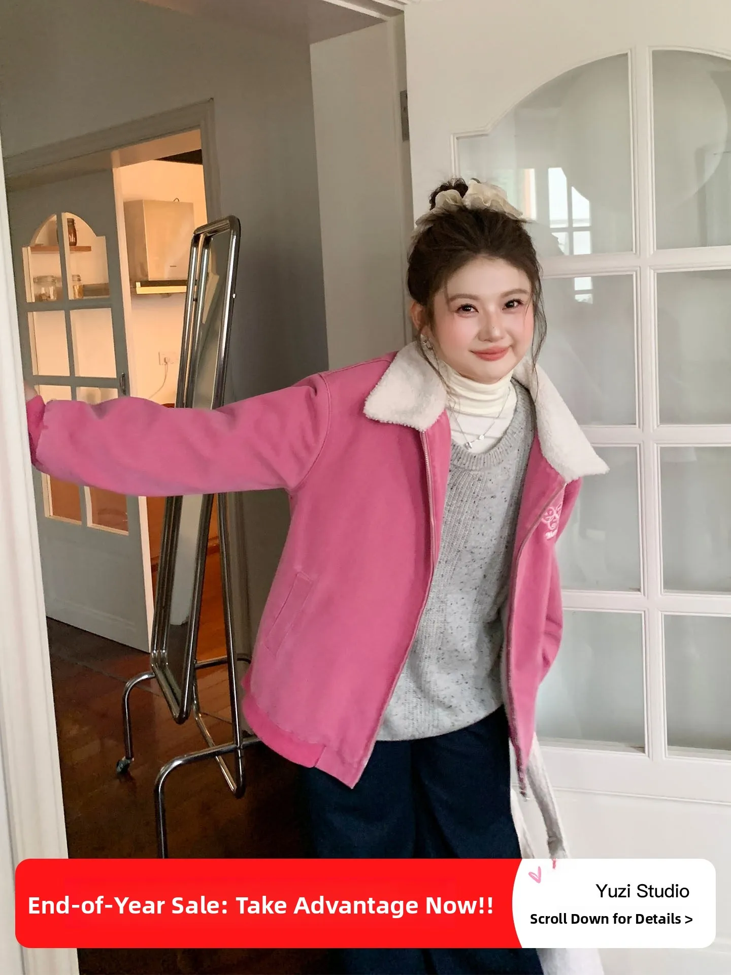 

Пальто YUZI Fi Roe Fce с подкладкой, утепленное, оверсайз, розовое, для полных женщин, винтажное, милое, стильное, свободное, с меховым воротником, осеннее