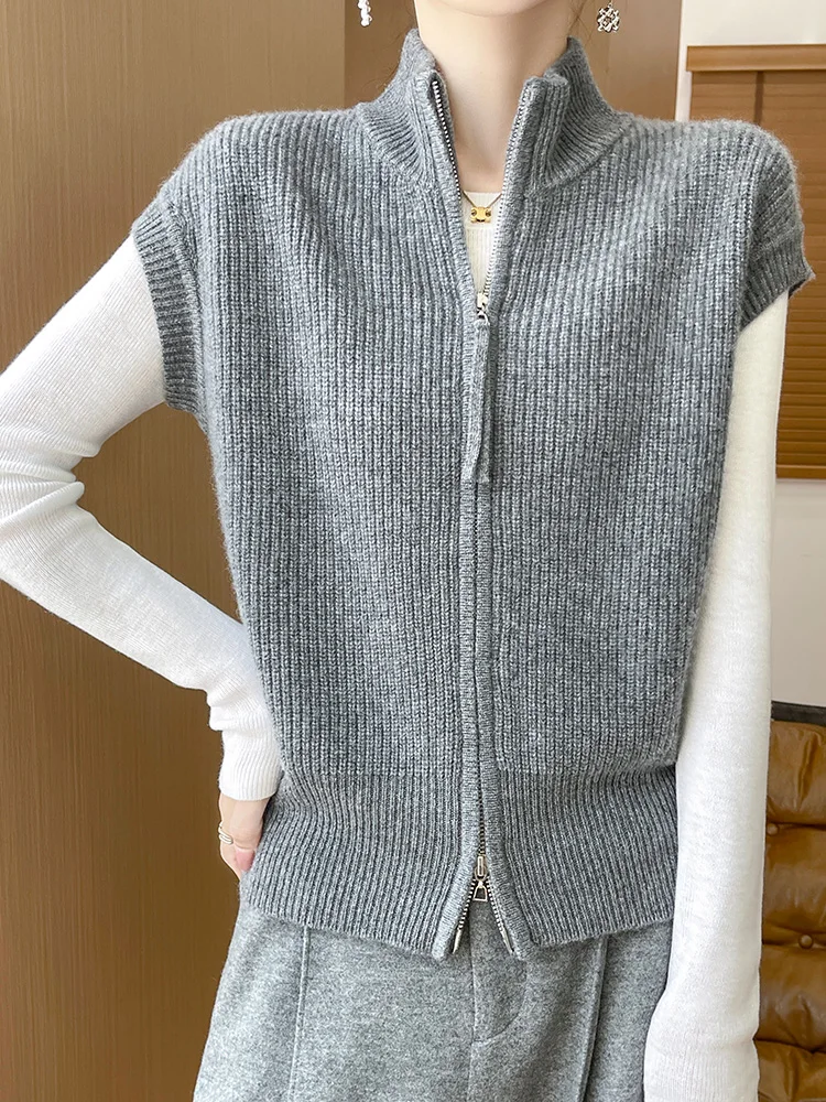 New Chic Autumn Winter Women Cashmere Vest 100% Merino Wool Sweater Waistcoat Turn Down Collar Zipper Knitwear Top Clothing