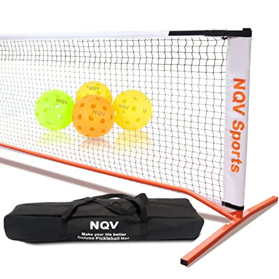 

Portable pickleball net set for outdoor and indoor use polyester mesh black adjustable heights 17ft/22ft with carry bag and pic