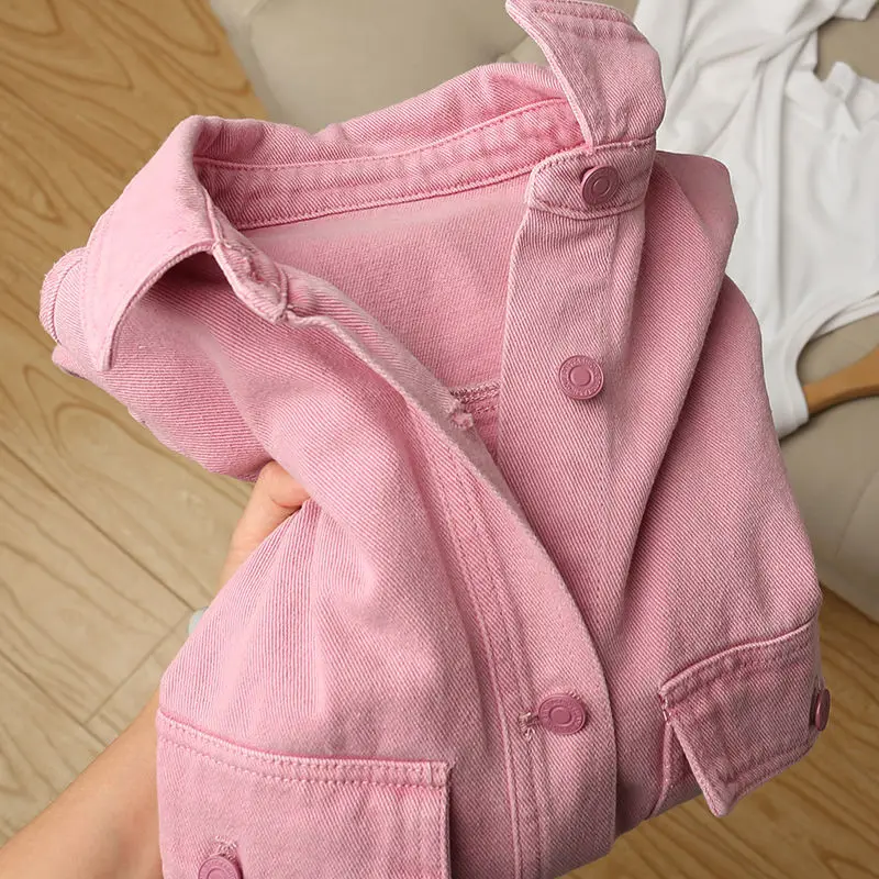 New Women Pink Jeans Jacket Oversized Korean Style Single Breasted Chic Denim Coats Spring Autumn Cowboy Jackets Outwear