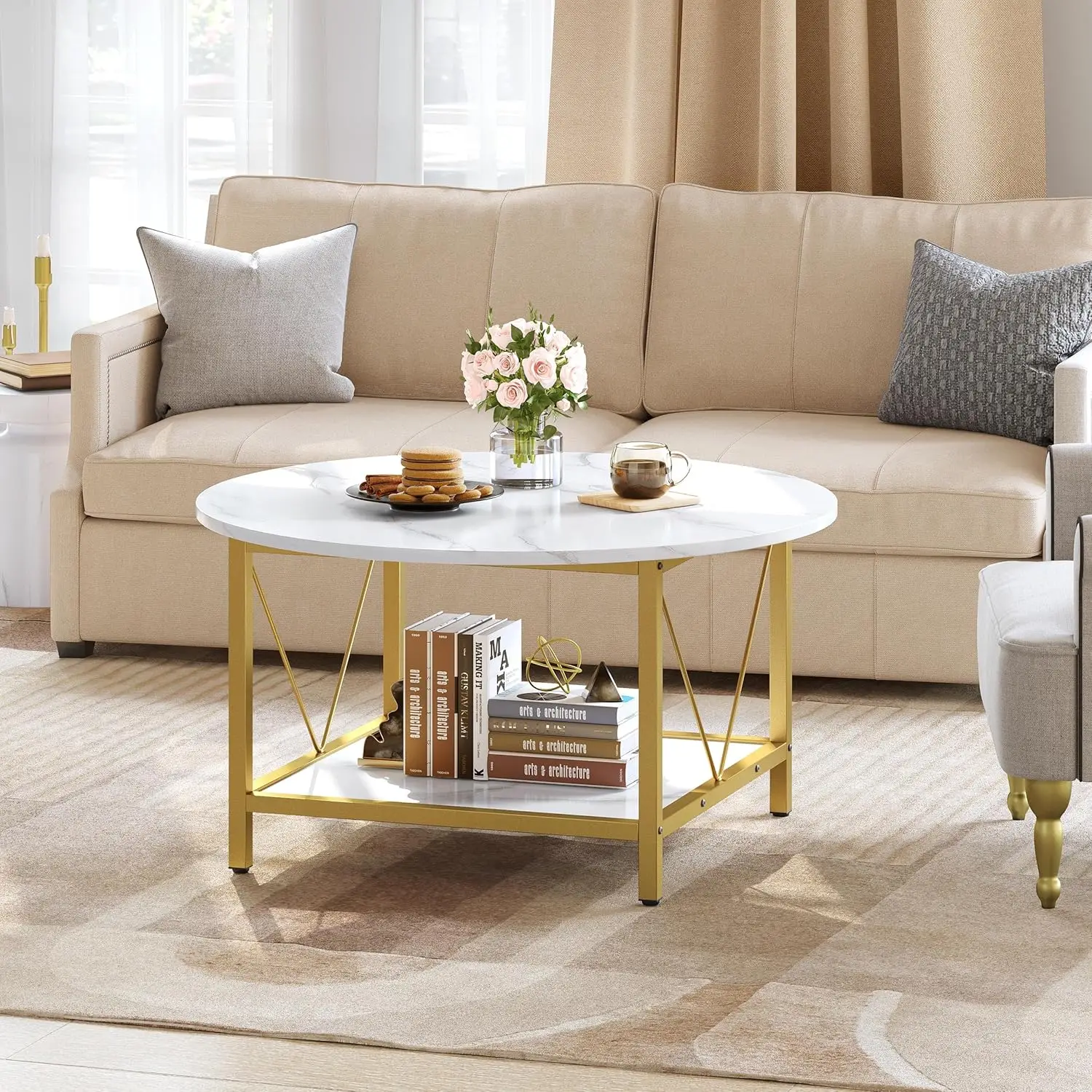 Round Coffee Table,Rustic Wood Coffee Tables for Living Room with Storage Shelf, Modern Farmhouse Circle Coffee Table Center