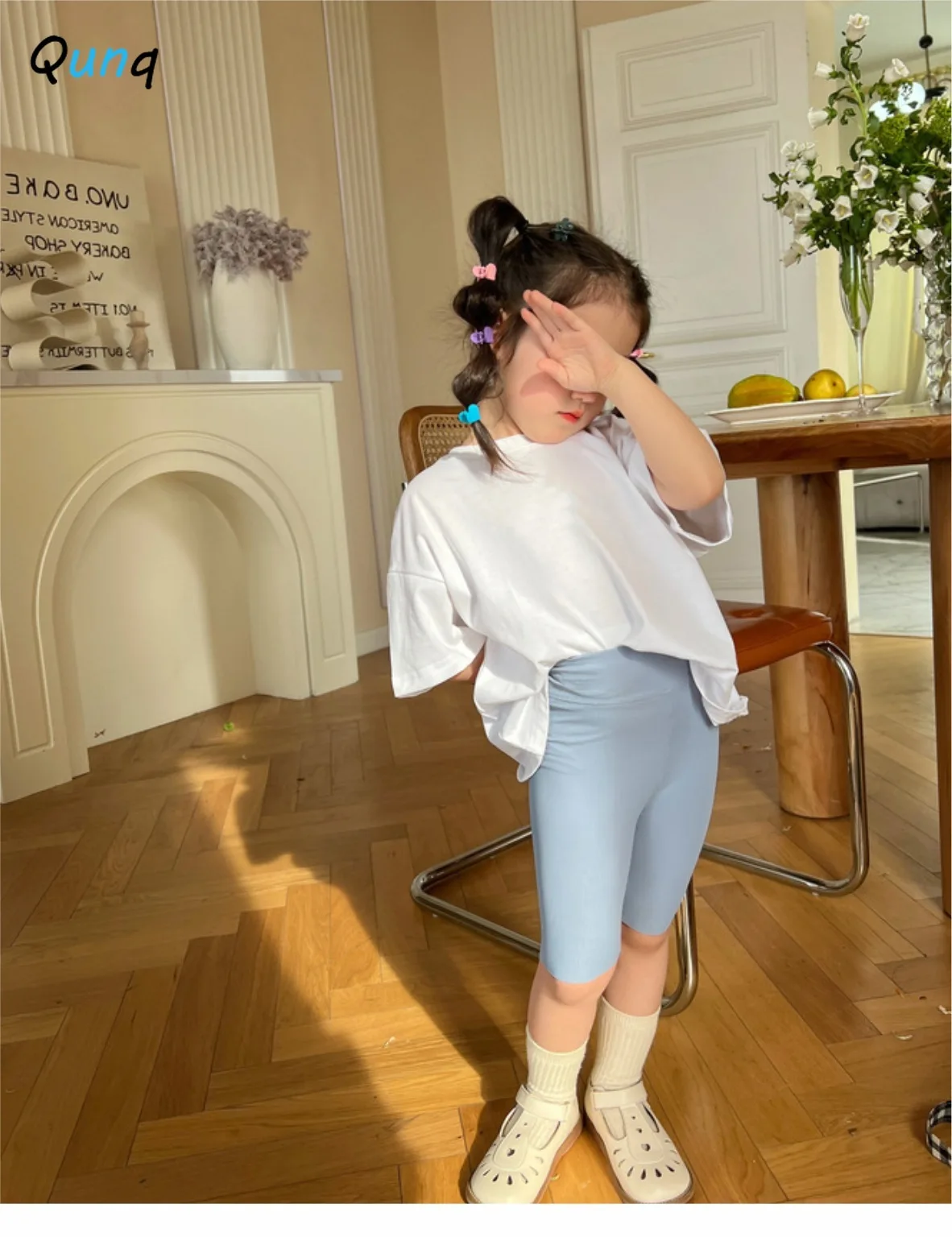 Qunq 2022 New Summer Girls Solid Folds High Stretch athletic Leggings Fashion Casual Cycling Pants Children Clouthing Age 3T-8T